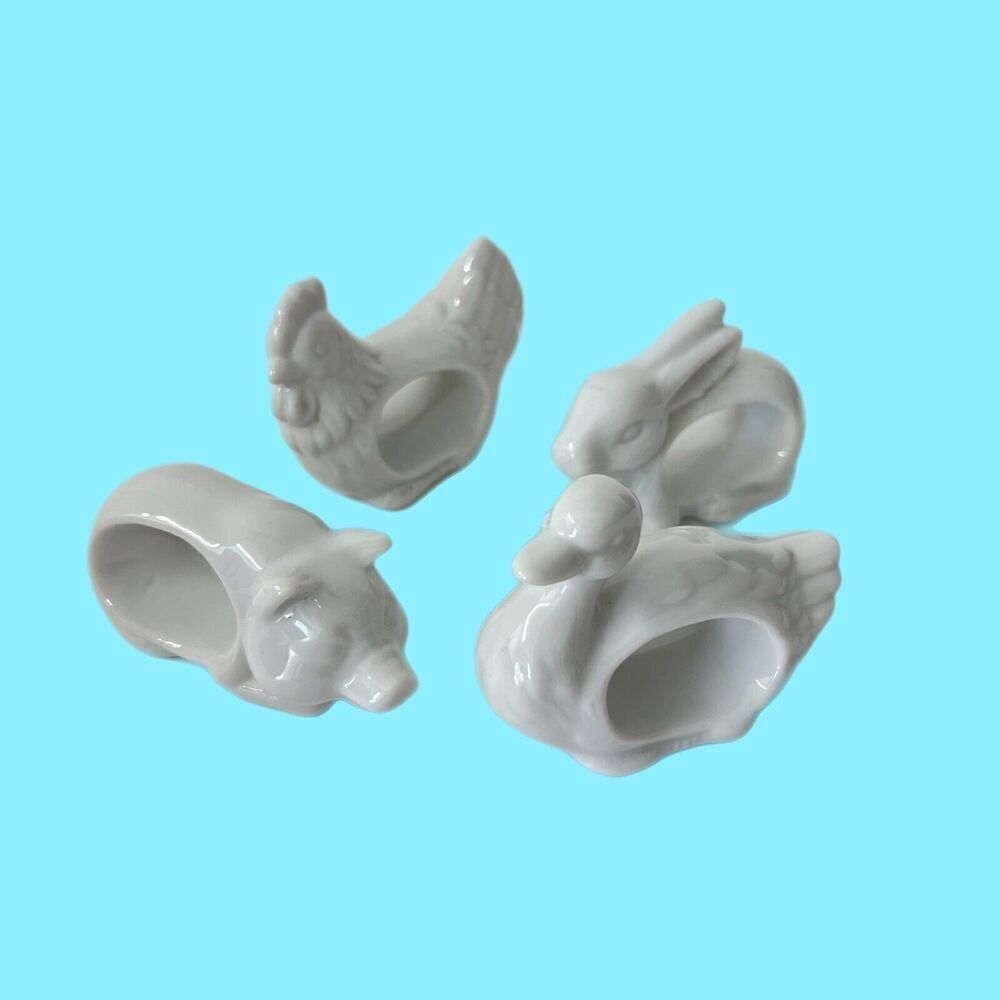 Vintage 1984 White Ceramic Farm Animal Napkin Rings Holders Set 4 Japan
